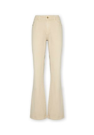 Beige denim jeans met hoge taille, knoopsluiting, voorzakken en uitlopende pijpen, weergegeven op een witte achtergrond.