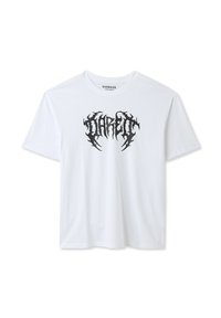 Biała, oversize'owa koszulka wykonana z bawełny. Posiada czarną grafikę logo nadrukowaną z przodu, o miękkiej fakturze i krótkich rękawach.