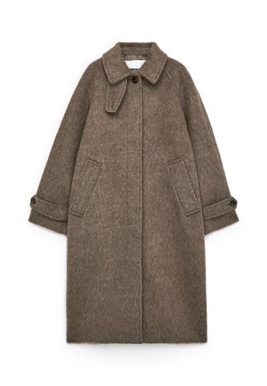Brown wool coat with a collared neckline, button closure, side pockets, and rolled cuffs. Features a textured fabric and knee-length design.
