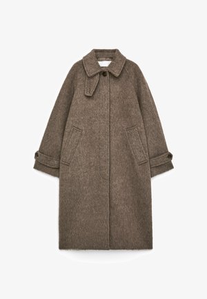 Brown wool coat with a collared neckline, button closure, side pockets, and rolled cuffs. Features a textured fabric and knee-length design.