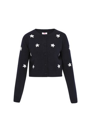 Navy wool cardigan with long sleeves, round neckline, and front button closure. Features white embroidered flowers as decorative accents.