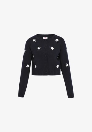 Tengerészsötét gyapjú kardigán hosszú ujjal, kerek nyakkivágással és elöl gombos záródással. Fehér hímzett virágok díszítik.