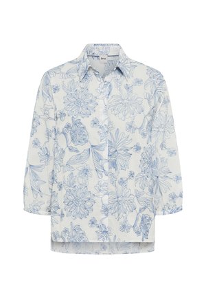 Hvid bluse med lange ærmer med blå blomsterlinekunstprint, knapper foran og klassisk krave.