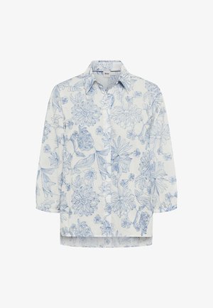 Hvid bluse med lange ærmer med blå blomsterlinekunstprint, knapper foran og klassisk krave.