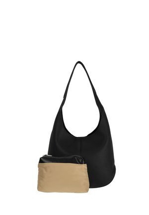 Schwarze strukturierte Schultertasche mit einem einzelnen Riemen, begleitet von einem kleineren beigen und schwarzen Reißverschlusstäschchen vorne.