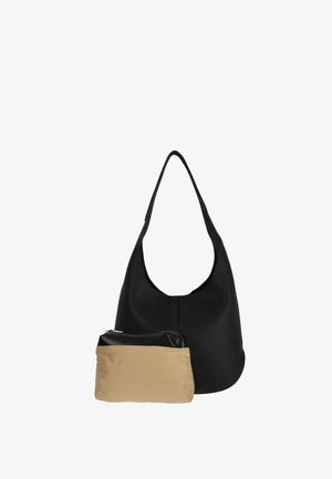 Schwarze strukturierte Schultertasche mit einem einzelnen Riemen, begleitet von einem kleineren beigen und schwarzen Reißverschlusstäschchen vorne.