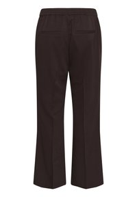 Pantalon noir avec une ceinture élastique, comportant deux poches arrière et un design de jambe droite. Tissu lisse avec une finition mate.
