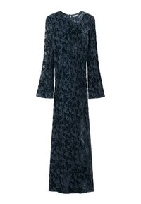 Lange marineblauwe jurk van gestructureerde stof met een bloemmotief, voorzien van lange klokmouwen en een ronde hals.