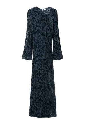 Dolga mornarsko modra obleka iz teksturirane tkanine z rožnim vzorcem, s širokimi dolgimi rokavi in okroglim izrezom na vratu.