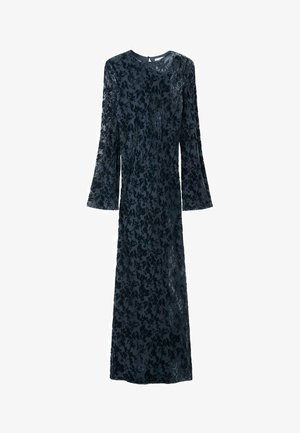 Long navy blue dress made of textured fabric with a floral pattern, featuring long bell sleeves and a round neckline.