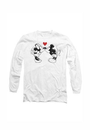 White long-sleeve shirt featuring Mickey and Minnie Mouse cartoon characters kissing, with a red heart between them.