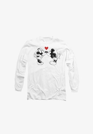 White long-sleeve shirt featuring Mickey and Minnie Mouse cartoon characters kissing, with a red heart between them.