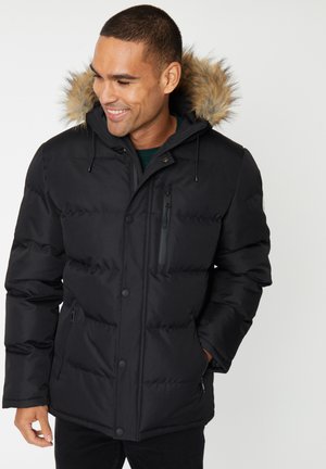 Schwarze Pufferjacke mit Kapuze aus Kunstpelz. Verfügt über einen Reißverschluss und Knöpfe an der Vorderseite, zwei seitliche Taschen und isolierte Polsterung für Wärme.