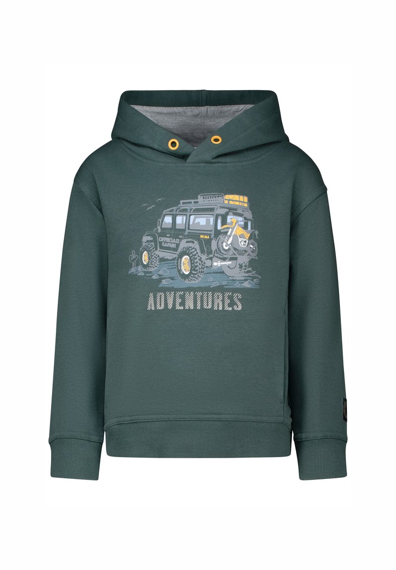 Donkergroene sweatshirt met een capuchon, voorzien van een print van een off-road voertuig en motorfiets. Grijze voering en geribbelde manchetten.