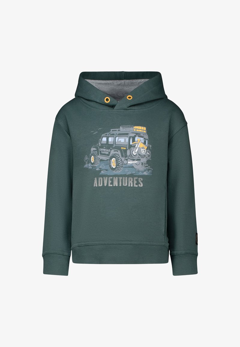 Dunkelgrüner Hoodie mit Kapuze, der ein Grafikdesign eines Geländewagens und Motorrads zeigt. Graue Innenauskleidung und gerippte Bündchen.