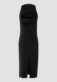 Schwarzes ärmelloses Kleid mit einem runden Ausschnitt auf der Rückseite, knielang mit einem Schlitz vorne, aus glattem Stoff und figurbetontem Schnitt.