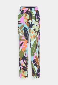 Pantalon taille haute à jambes larges avec imprimé floral abstrait multicolore vif en nuances de rose, vert, bleu, orange et noir sur fond clair.