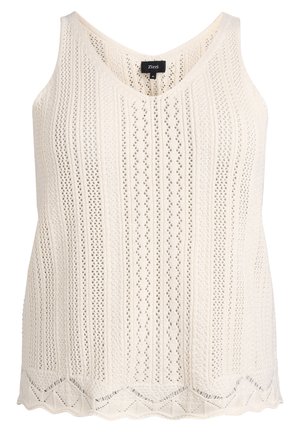 Kreemikas värvi varrukateta kootud top V-kaelusega, vertikaalsete avarõngaste mustrite ja lainelise äärisega, suurus keskmine.