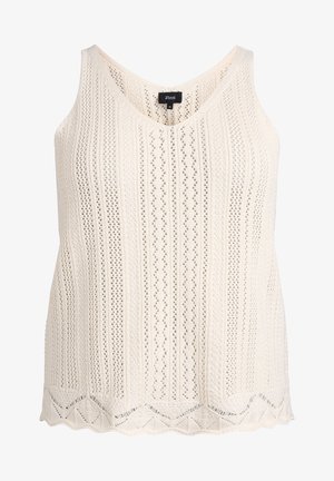 Kermansävyinen hihaton neulepaita V-aukolla, pystysuorilla kirjoneulekuvioilla ja aaltoilevalla helmalla, koko keskikokoinen.