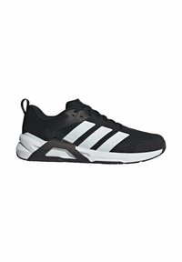 Black athletic shoe with a mesh upper, three white stripes, and a molded heel counter. Textured sole for traction and stability.