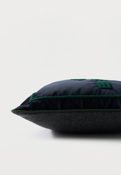 Coussin rectangulaire bleu foncé et gris avec bordure brodée verte et motifs géométriques sur un fond clair uni.