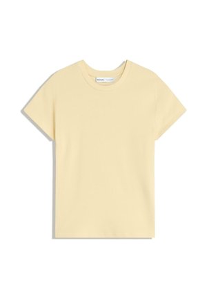 Korte mouwen, ronde hals T-shirt in zacht, bleekgeel katoen, met een gladde textuur en een minimalistisch design. Geen patronen of accenten.