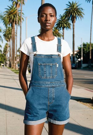 Jeune personne debout sur un trottoir ensoleillé bordé de palmiers, portant un t-shirt blanc et une salopette courte en denim, les mains dans les poches.