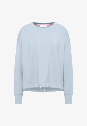 Jasnoniebieska bluza z długim rękawem, okrągłym dekoltem, ściągaczem ze sznurkiem na dole, prążkowanymi mankietami oraz subtelnym wytłoczeniem logo marki w pobliżu ramienia.