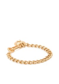 Pulsera de cadena de oro con eslabones entrelazados, acabado suave y detalle de cierre. Acentos texturizados realzan el diseño general.
