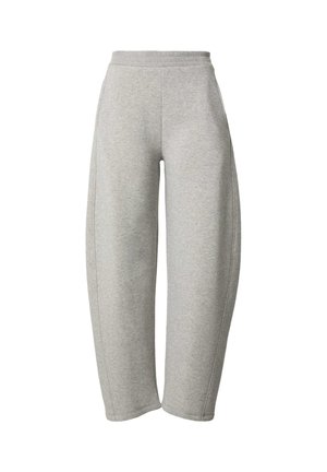 Pantalons de survêtement gris en tissu doux avec une taille élastique haute, des jambes larges et des coutures latérales pour un ajustement décontracté, offrant confort et aisance de mouvement.