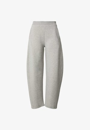 Grijze sweatpants gemaakt van zachte stof met een hoge elastische tailleband, ruime benen en zijnahts voor een ontspannen fit, die comfort en bewegingsvrijheid bieden.