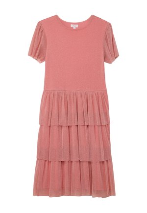 Rosa, gestufte Kleid mit kurzen Puffärmeln, aus einem strukturierten, glänzenden Stoff. Verfügt über drei gefaltete Schichten im Rock. Rundhalsausschnitt.