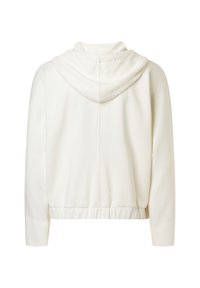 Hellbeige cropped Hoodie aus weichem Stoff, mit einer Kapuze mit Kordelzug und elastischem Bund. Schlichtes Design mit langen Ärmeln.