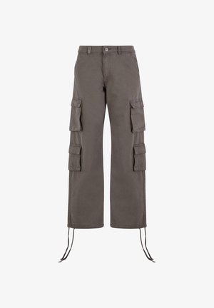 Pantaloni cargo de culoare gri închis, realizați dintr-un material rezistent. Au șase buzunare, picioare largi și șnururi ajustabile la tiv.