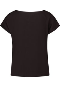 Schwarzes T-Shirt mit kurzen Ärmeln, aus glattem Stoff, mit einem weiten Ausschnitt und einem lässigen Schnitt sowie einem geraden, gesäumten Saum.