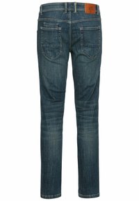 Blaue Denim-Jeans mit klassischem Design, geraden Beinen, fünf Taschen und Lederpatch am hinteren Bund.