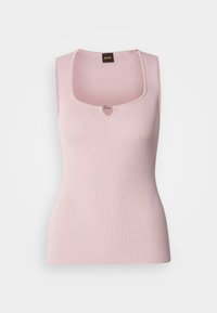 Vaaleanpunainen ribbitekoinen tanktoppi, jossa on neliön muotoinen pääntie, hihaton malli, teksturoitu kangas ja pieni koristeellinen logo keskelle.