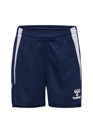 Marineblå atletikshorts med elastisk talje, hvide sidestreger og hvidt Hummel-logo på det nederste højre ben.