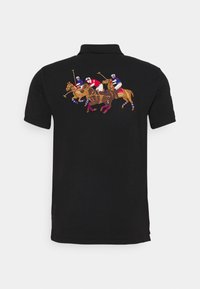 Black polo shirt featuring multicolored embroidered scene of three polo players on horseback. Classic collar and short sleeves.
