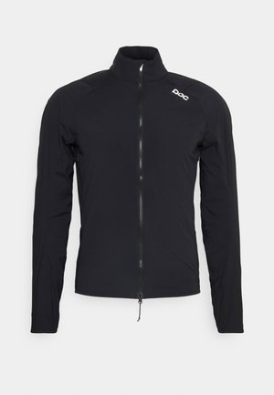 Musta pyöräilytakki, jossa on korkea kaulus, täysi vetoketju ja pitkät hihat. Ominaisuuksina tyylikäs muotoilu ja kevyt, sileä kangas.