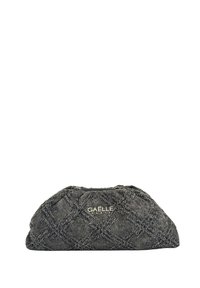 Borsa a pochette in tessuto grigio con texture e motivo a diamante, con il logo argento "GAËLLE PARIS" centrato sulla parte anteriore.