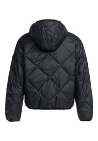 Doudoune noire avec capuche, motif matelassé diagonal, poignets élastiques et ourlet court. Matière en nylon lisse et brillante.