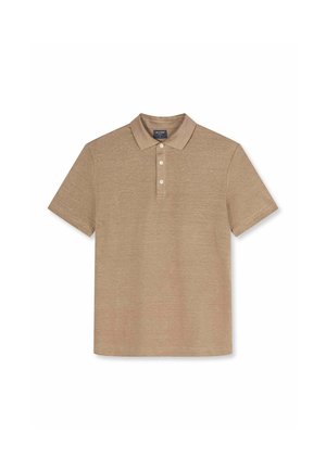 Polo beige à manches courtes avec trois boutons blancs et un col plié, présenté à plat sur fond blanc.