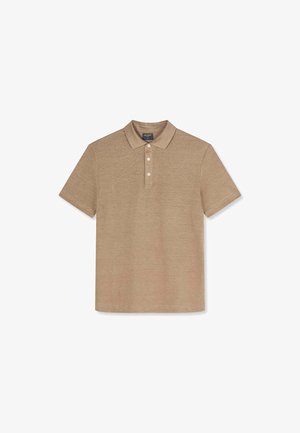 Polo beige a maniche corte con tre bottoni bianchi e colletto piegato, mostrato disteso su sfondo bianco.