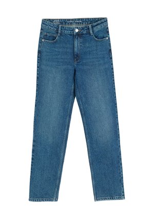Jeans dżinsowe w średnim niebieskim kolorze o klasycznym prostym kroju. Posiadają zapięcie na guziki i zamek błyskawiczny, pięć kieszeni oraz subtelne detale w szwie.