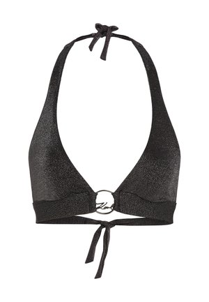 Fekete csillogó pánt nélküli fürdőblúz háromszög alakú kosarakkal, középső fémből készült gyűrűs díszítéssel és állítható megkötős részletekkel a nyak és a hát részén.