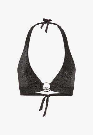 Fekete csillogó pánt nélküli fürdőblúz háromszög alakú kosarakkal, középső fémből készült gyűrűs díszítéssel és állítható megkötős részletekkel a nyak és a hát részén.