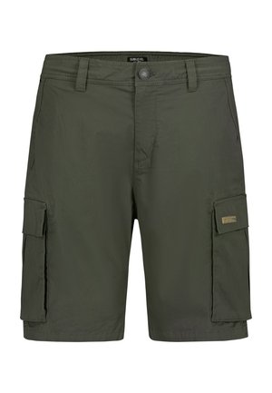 Olive green men's cargo shorts with button closure, belt loops, and large flap pockets on each thigh.
