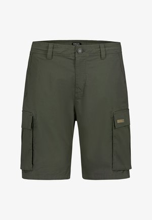 Olivgrüne Herren-Cargoshorts mit Knopfverschluss, Gürtelschlaufen und großen Klappentaschen an jedem Oberschenkel.