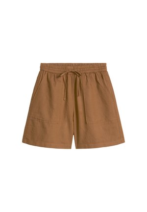 Brown cotton shorts with elastic waistband, adjustable drawstring, and front patch pockets on both sides.